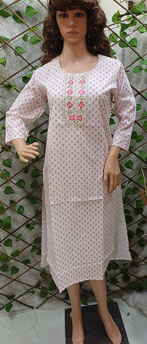 White printed kurti with embroidery