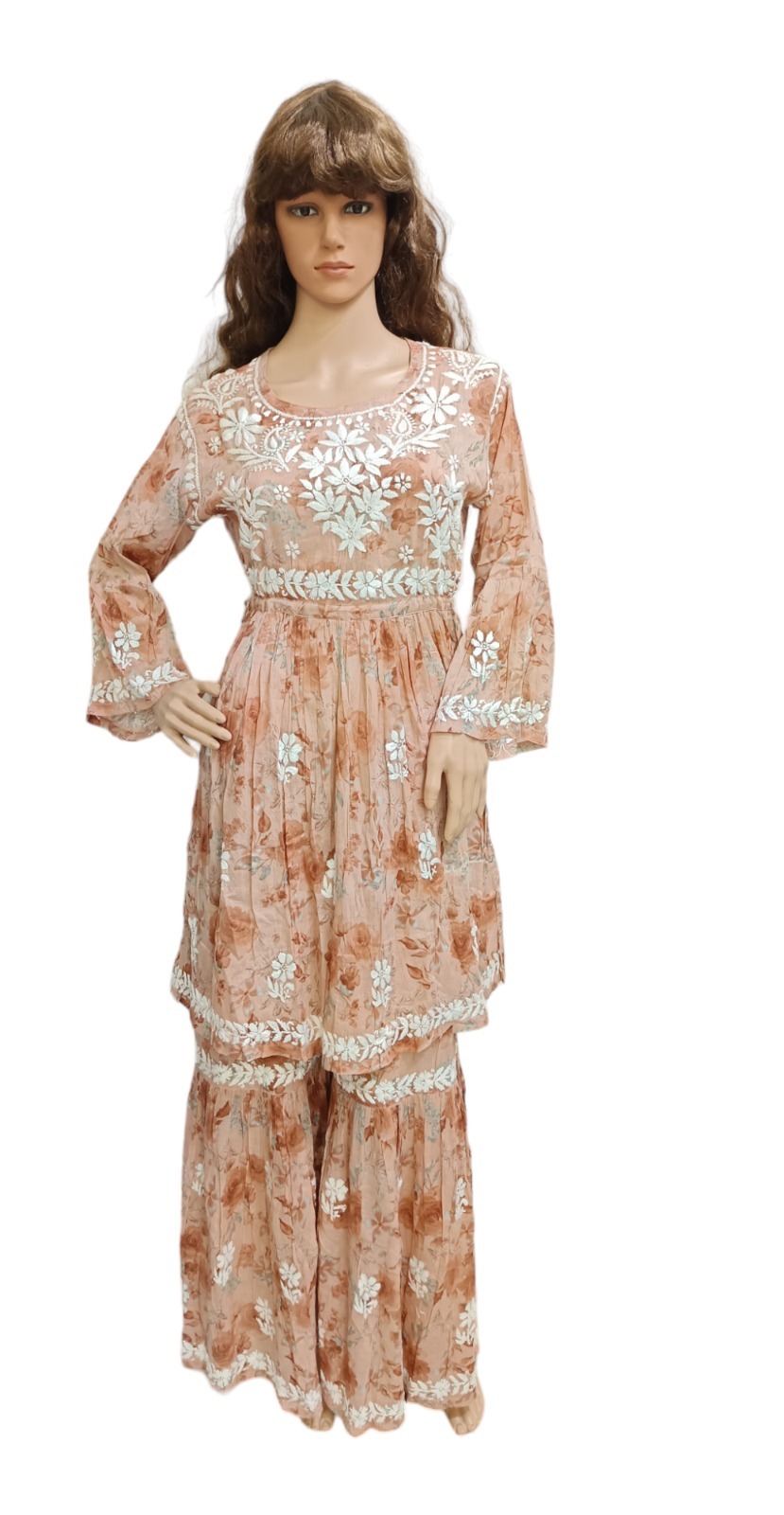 Floral printed pure mal Lucknowi gharara set