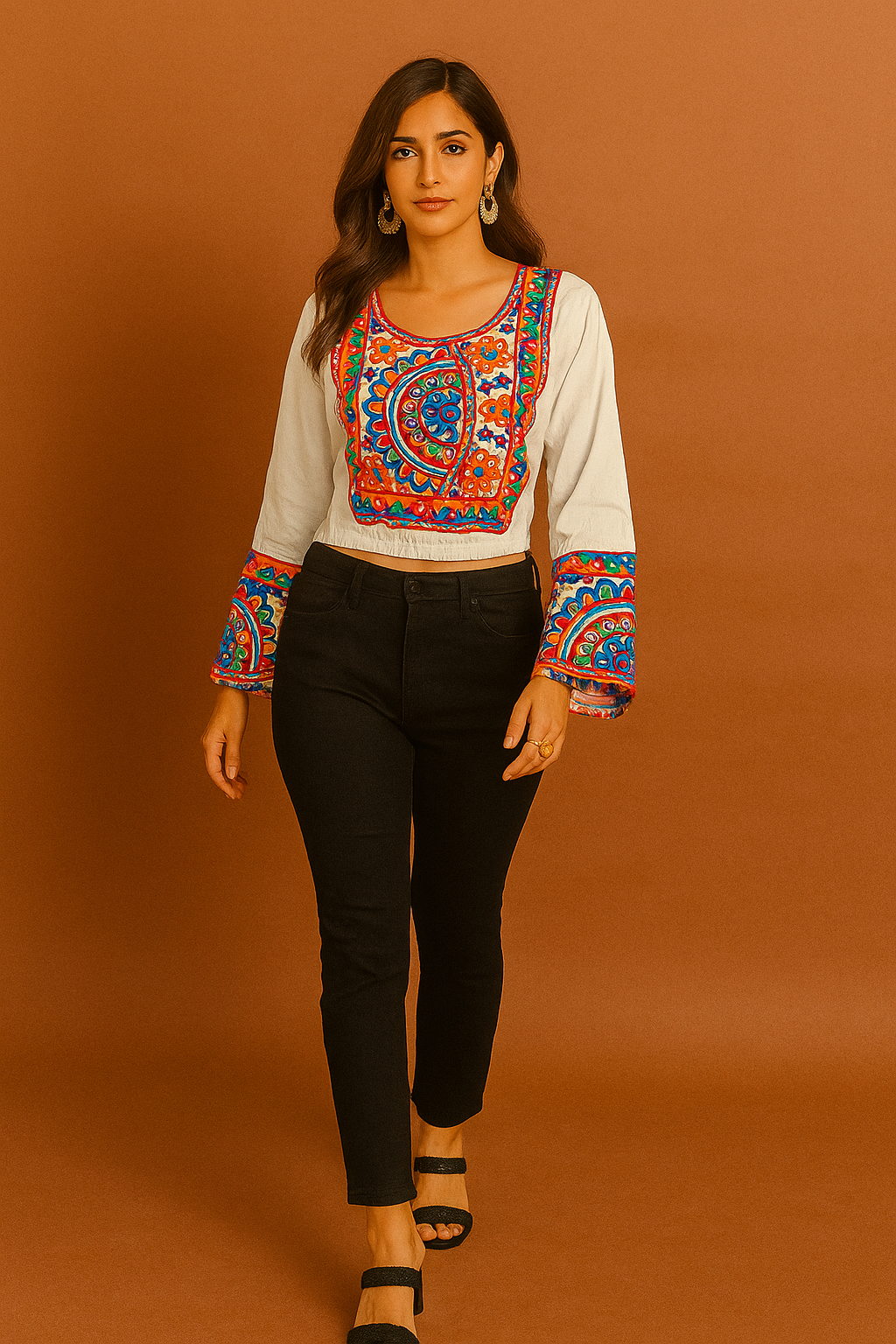  Navratri Special Tradiotional Rayon Embroidered Mirror Work Crop top kurti Style Kutchi work